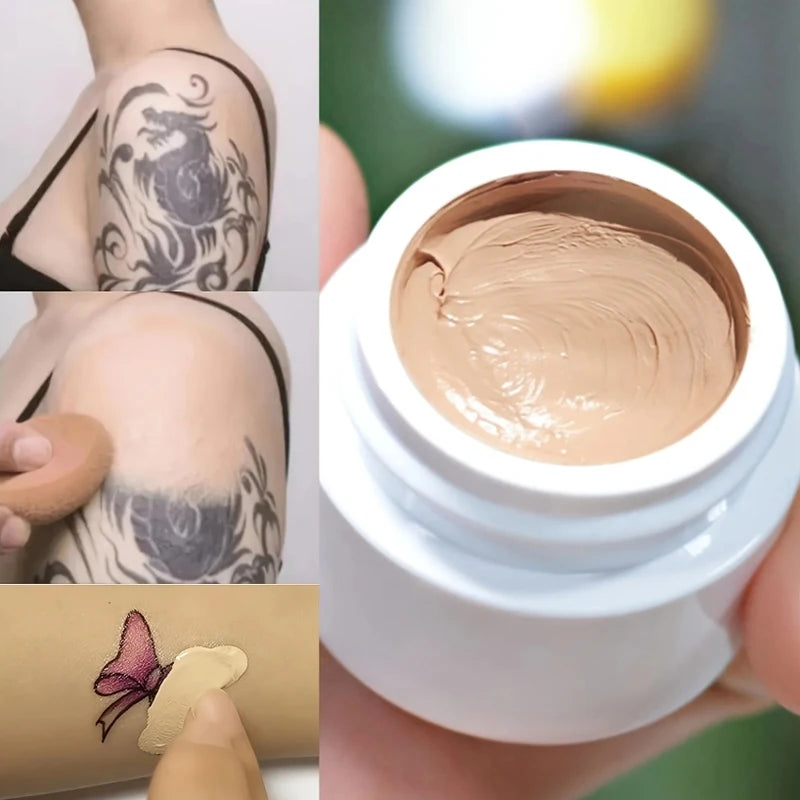Tattoo cover cream applied with sponge to conceal tattoo on arm, close-up of product jar