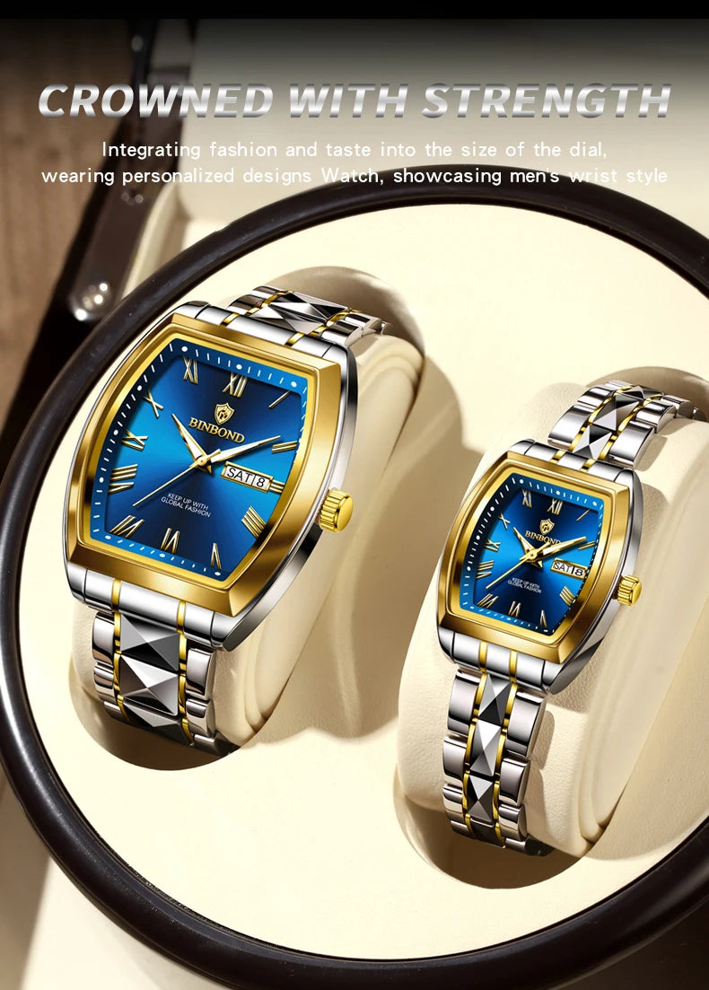 BINBOND 2pcs Couple Watches Fashion Square Quartz Watch for Lover Wateproof Luminous Date Week Men Ladies Valentine Wristwatch