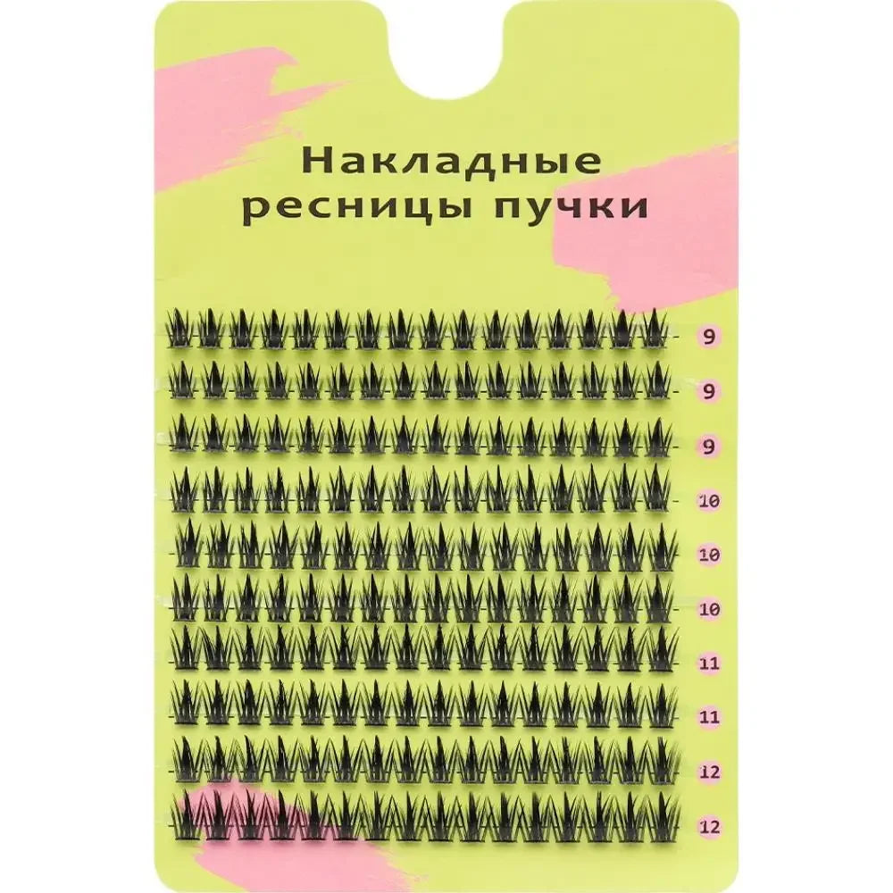 Tray of individual cluster false eyelashes in assorted lengths on yellow and pink background