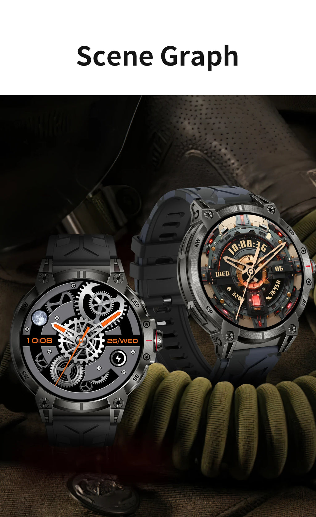 Military smartwatch men,760mAh Bluetooth call,LEDflashlight,compass,1.85HD Large screen,heart rate.blood pressure,IP68waterproof