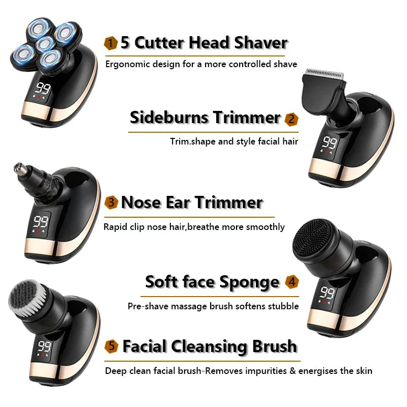 5 In 1 Electric Shaver For Men Bald Head Hair Clipper Nose Trimmer 5D Floating Blade Head Shaving Beard Knife Rechargeable Razor