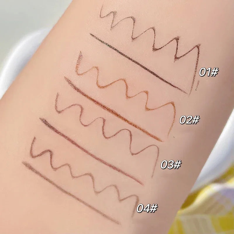Swatches of four eyebrow pencil shades labeled 01 to 04 on skin close-up