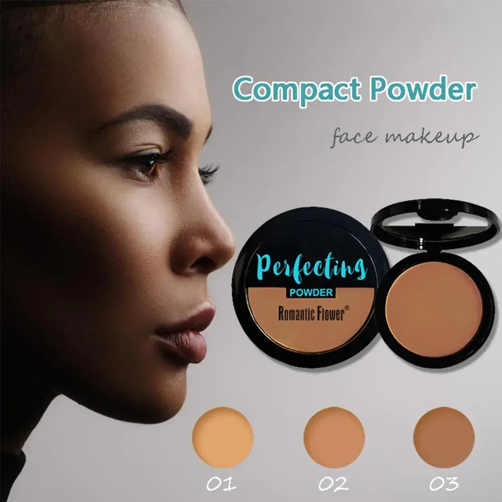 Face profile with compact powder makeup in three shades, labeled perfecting powder.