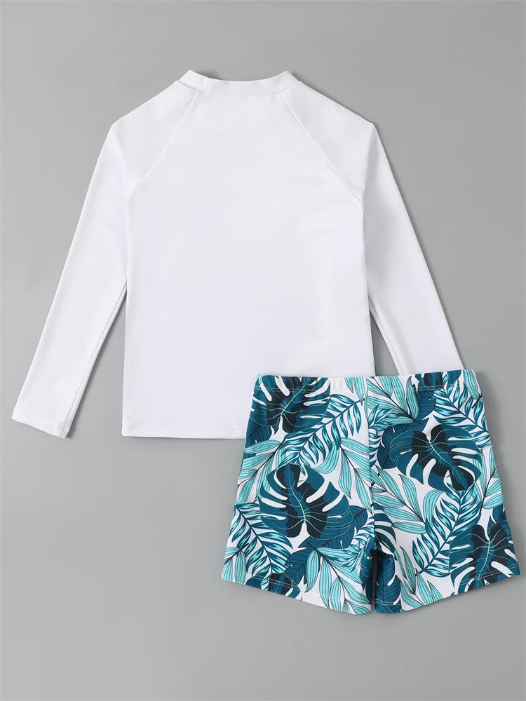 Boy Swimsuit 2026 New Solid And Print Long Sleeve Children Swimwear Summer Kids Beach Wear Shorts Swimming Bathing Suit For Men