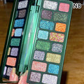 Glitter eyeshadow palette with vibrant shimmer shades in a green case, labeled N8
