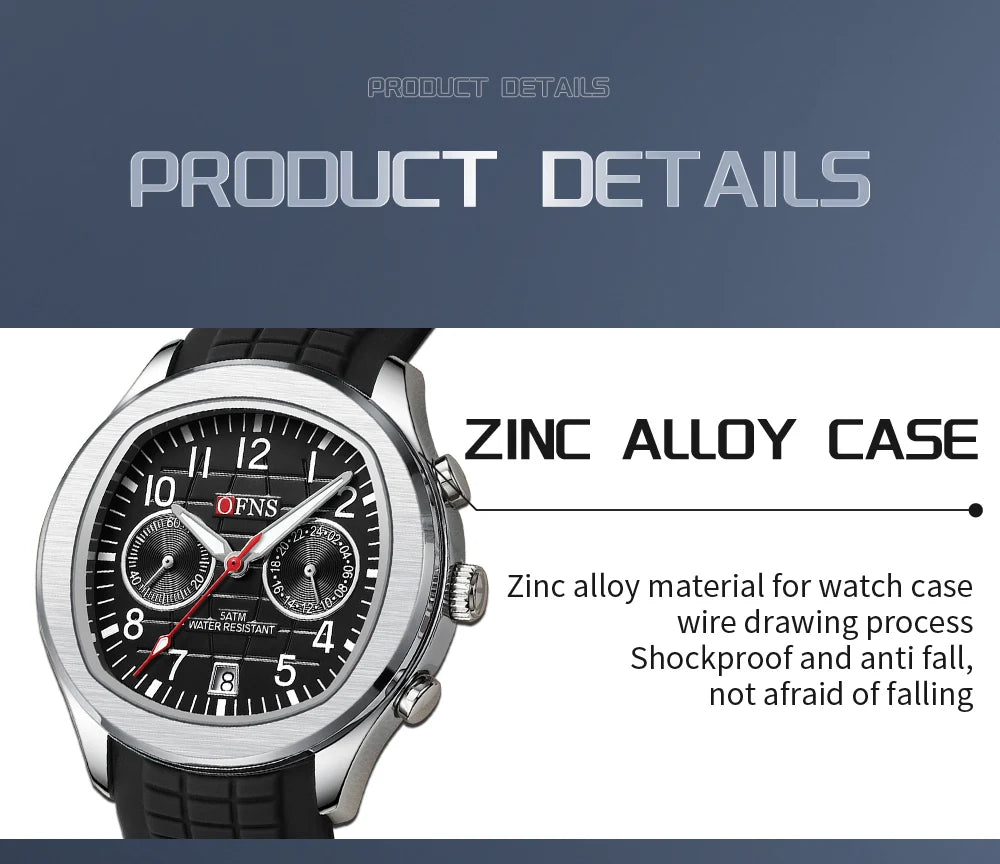 OFNS 8020 Fashion Men's Quartz Watch Double Hole Five Needle Waterproof Luminous Calendar Business Men's Quartz Watch