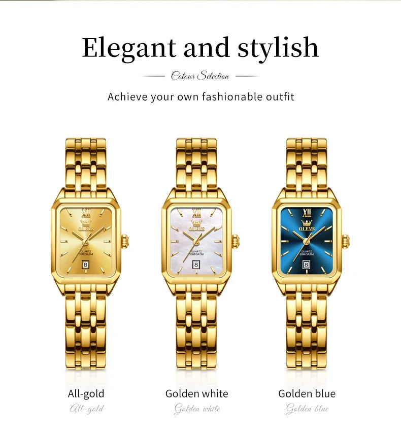 OLEVS 5616 New Quartz Watch for Women Fashion Elegant Square Golden Watch Calendar Waterproof Stainless Steel Ladies Wristwatch