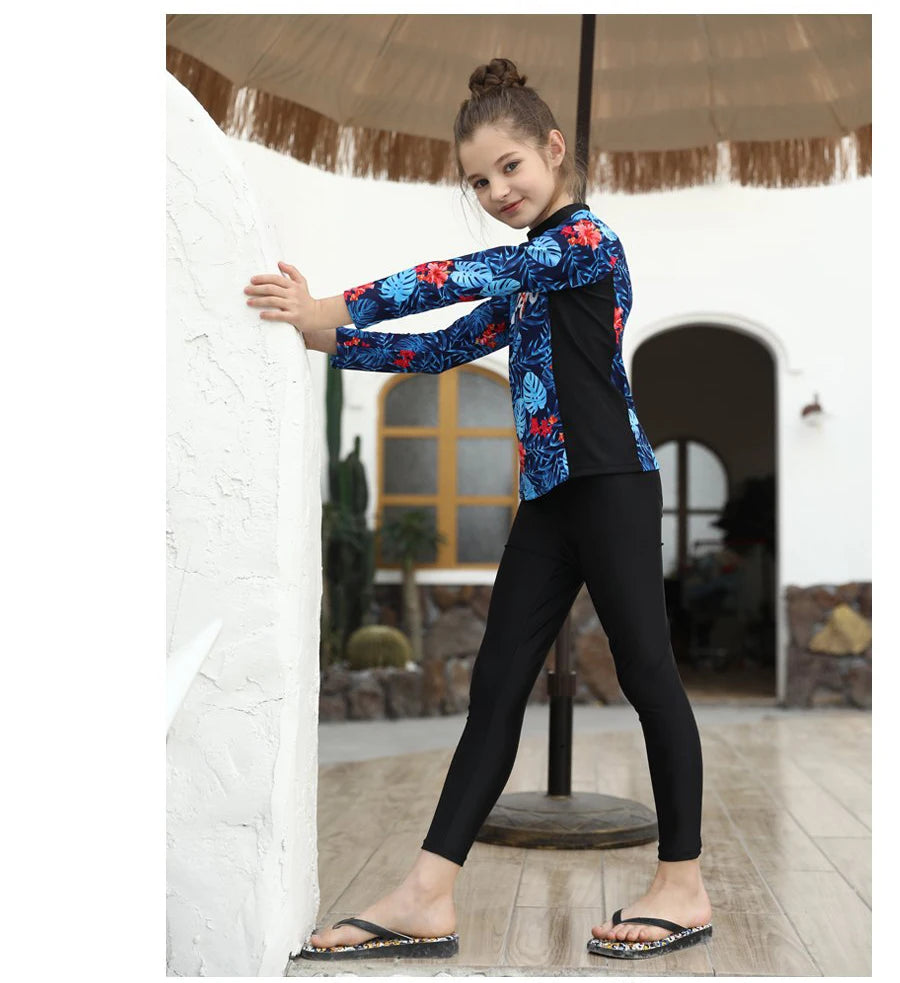 Girls Swimming Suit Children's Swimwear Three-Piece Set Quick Dry Sun Protection Large Size Polyester Fiber Student Girl