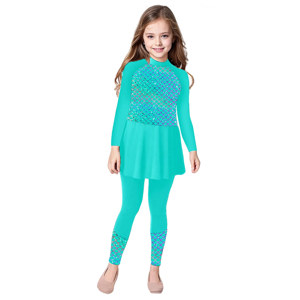 Girls Swimsuits 2 Piece Rash Guard Set UPF 50 Sun Protection Long Sleeve Swim Dress with Leggings Kids Full Body Cover Beachwear