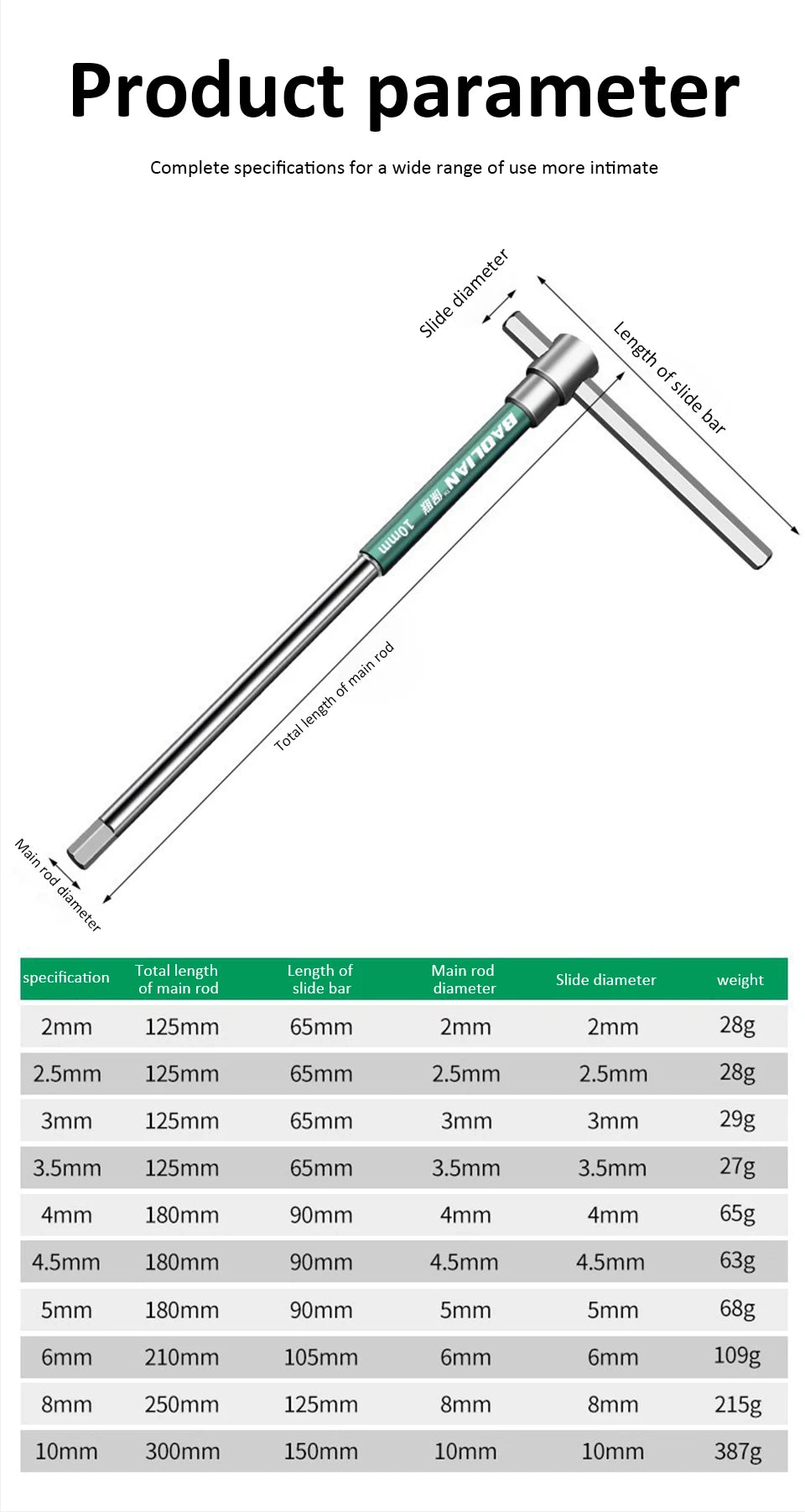 T/L Torx Screwdriver T-Type Allen Hex Wrench 2/2.5/3/3.5/4/4.5/5/6/8/10MM Extended T-Type Chrome Spanner Socket Wrench Hand Tool