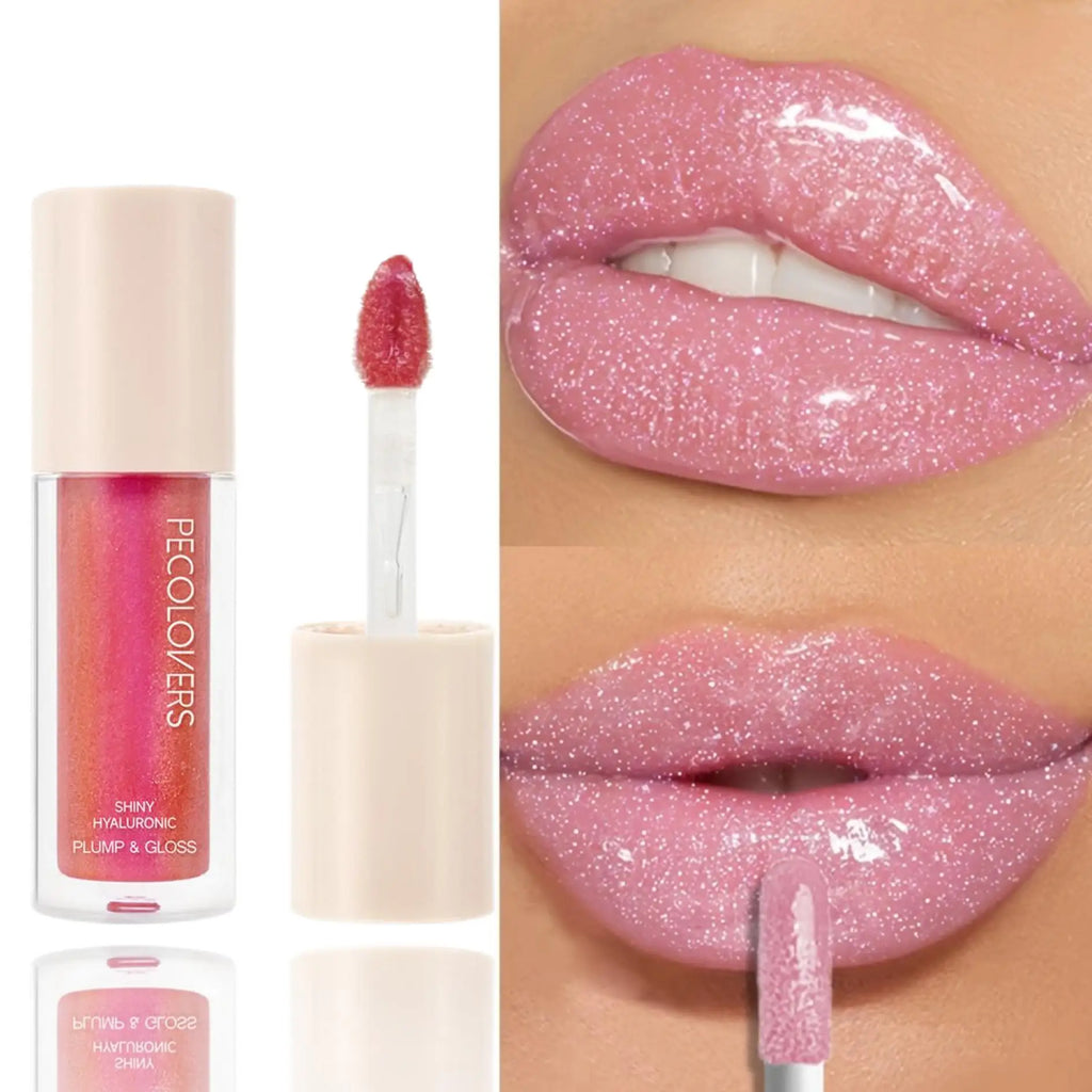 Shiny pink hyaluronic lip gloss with applicator and glossy lips wearing pink glitter gloss