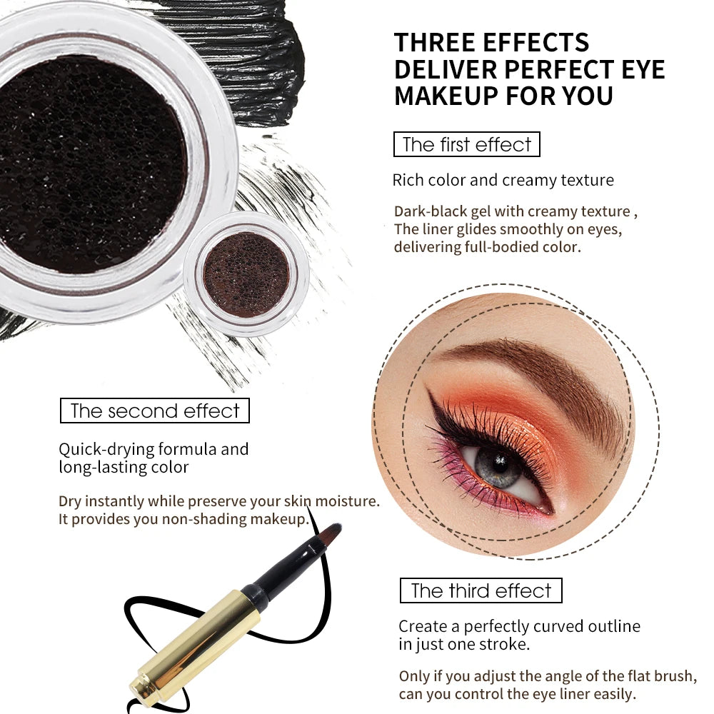 Black gel eyeliner with creamy texture, flat brush, and example of dramatic eye makeup