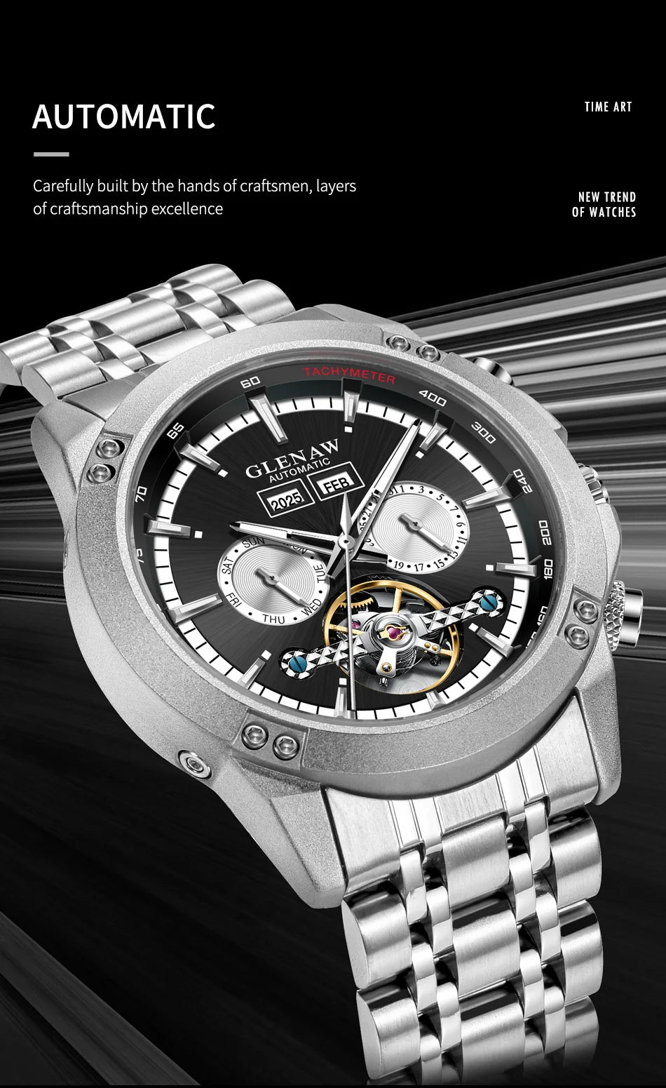 Glenaw high-end brand fully automatic mechanical multi-function watch men's business personality trend waterproof watch