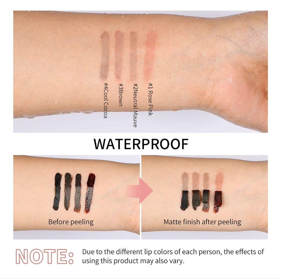 Waterproof matte liquid lipstick swatches on arm, shown before and after peeling in four shades.