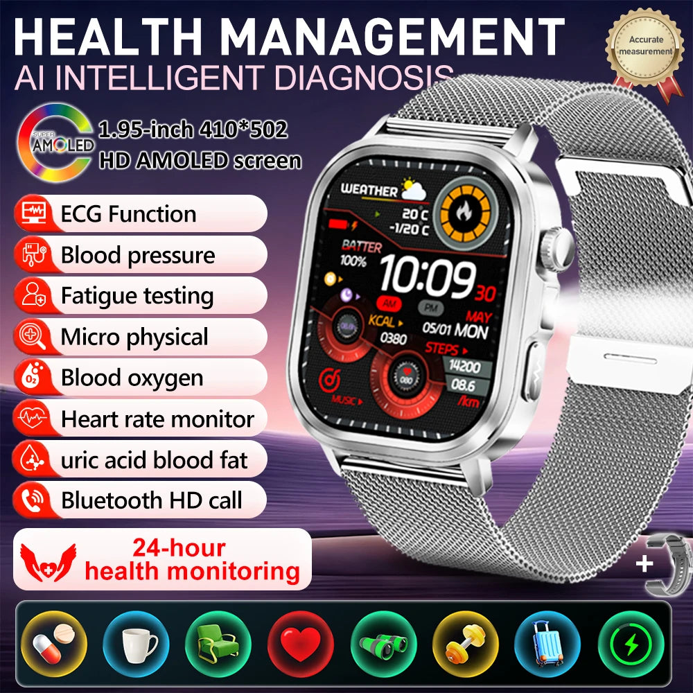 2025Nursing Level Uric Acid Blood lipids Smart Watch Men Blood Pressure ECG+PPG Clock Body Analysis Voice Call Health Smartwatch