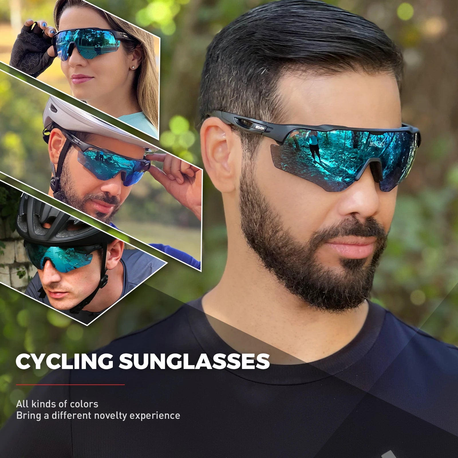 Stylish mirrored cycling sunglasses worn by men and women outdoors, ideal for sports.