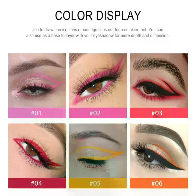Eye makeup color display showing six graphic eyeliner looks in pink, red, yellow, and orange.