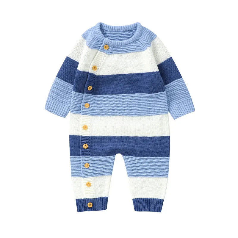 0 to 18 Months Baby Girl Boy Sweater Romper Autumn Winter Clothes Striped Crew Neck Long Sleeve Full Length Jumpsuit
