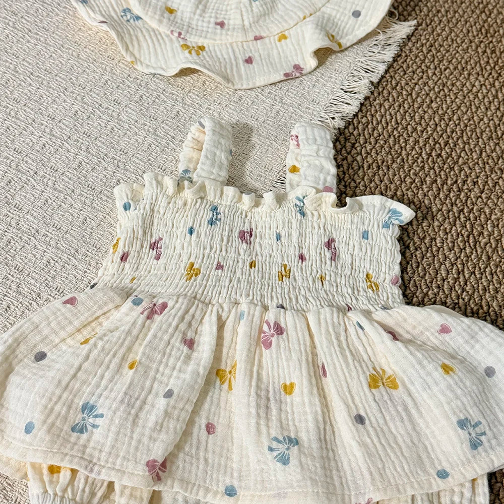 MILANCEL New Summer Baby Bodysuit 3-18M Sweet Bow Infant Girls Straps Jumpsuit +Hat Cotton Thin Toddler One Piece