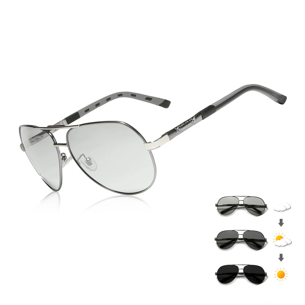 Aviator photochromic sunglasses with silver frame, lenses darken with sunlight exposure.