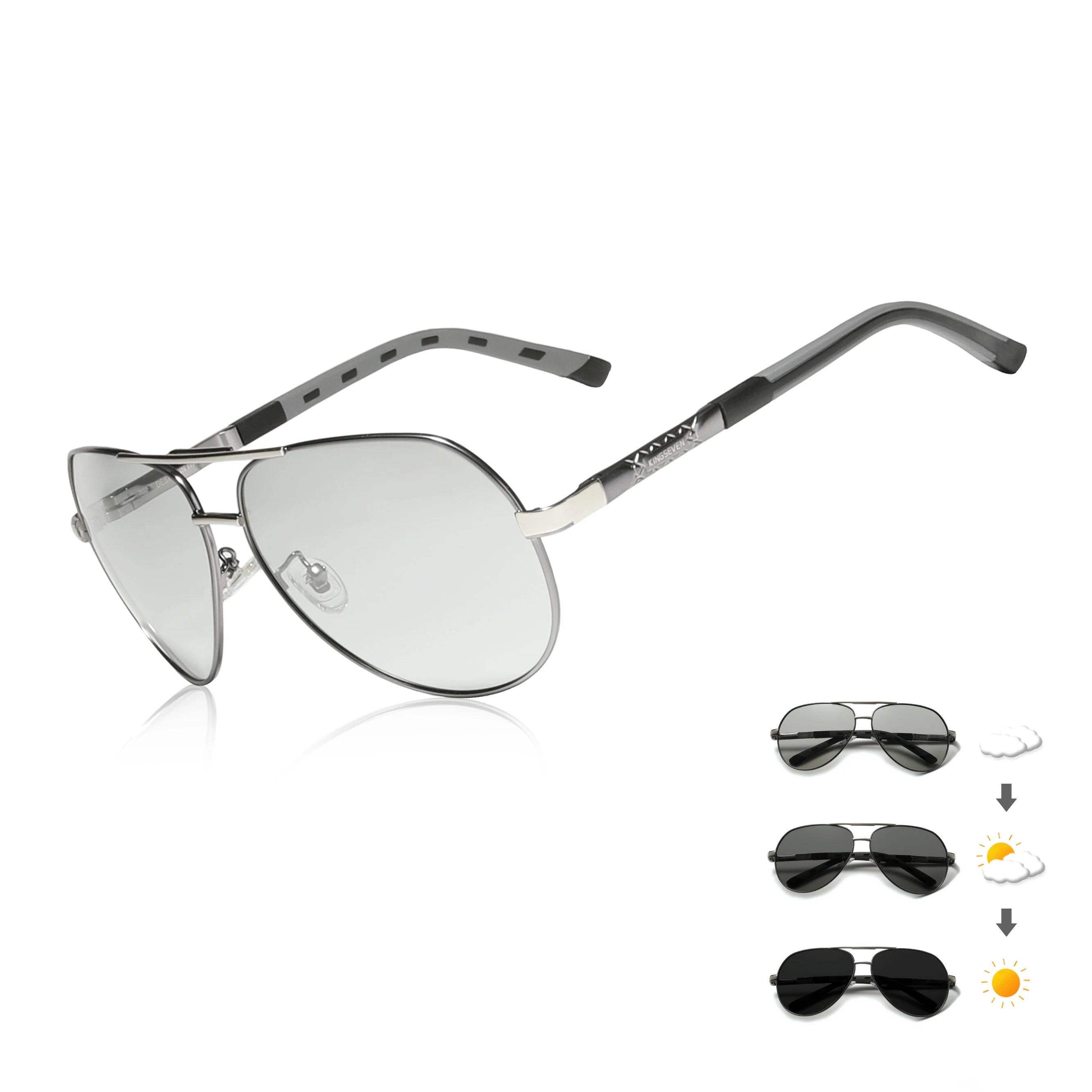 Aviator photochromic sunglasses with silver frame, lenses darken with sunlight exposure.