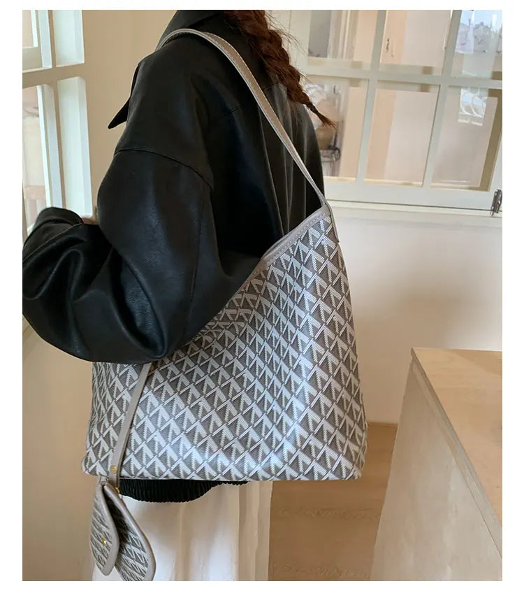 Large Capacity Women's Shoulder Bag Fashionable Commuter Tote Bag Soft PU Leather Printed Geometric Pattern Autumn New Arrival