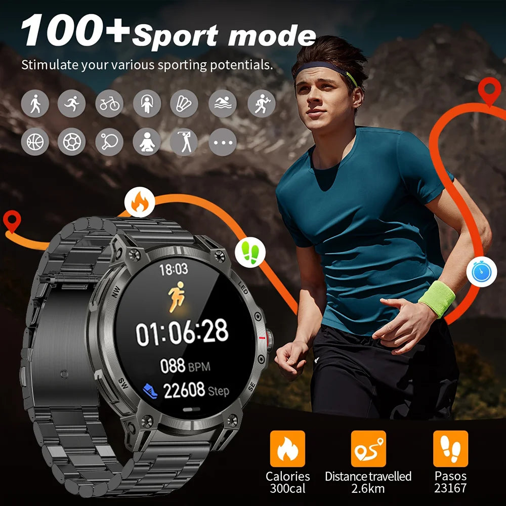 Military smartwatch men,760mAh Bluetooth call,LEDflashlight,compass,1.85HD Large screen,heart rate.blood pressure,IP68waterproof