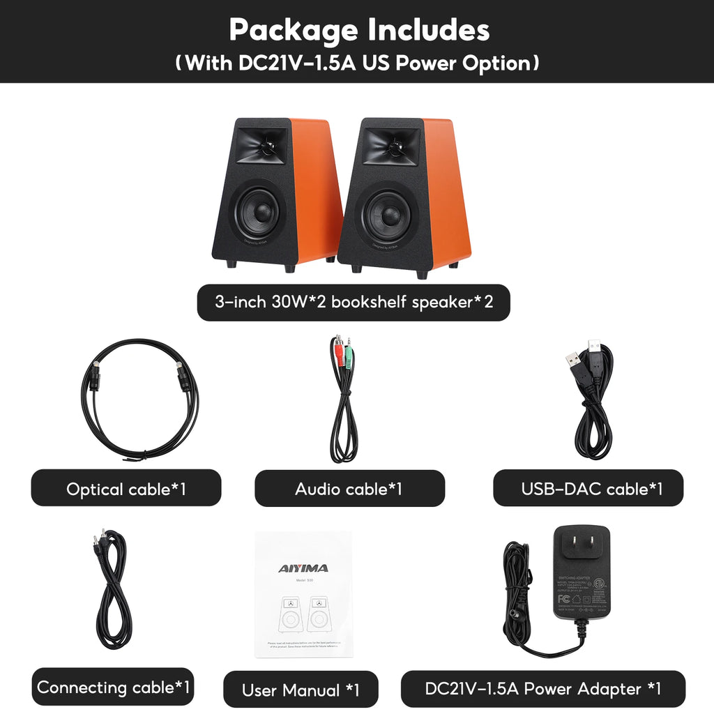AIYIMA S30 Active Bookshelf Speakers Bluetooth 5.3 Wooden 100W Studio Monitor Speakers Hifi Home Theater Subwoofer Orange/White