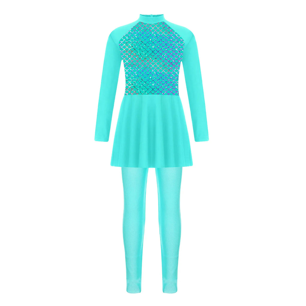 Girls Swimsuits 2 Piece Rash Guard Set UPF 50 Sun Protection Long Sleeve Swim Dress with Leggings Kids Full Body Cover Beachwear