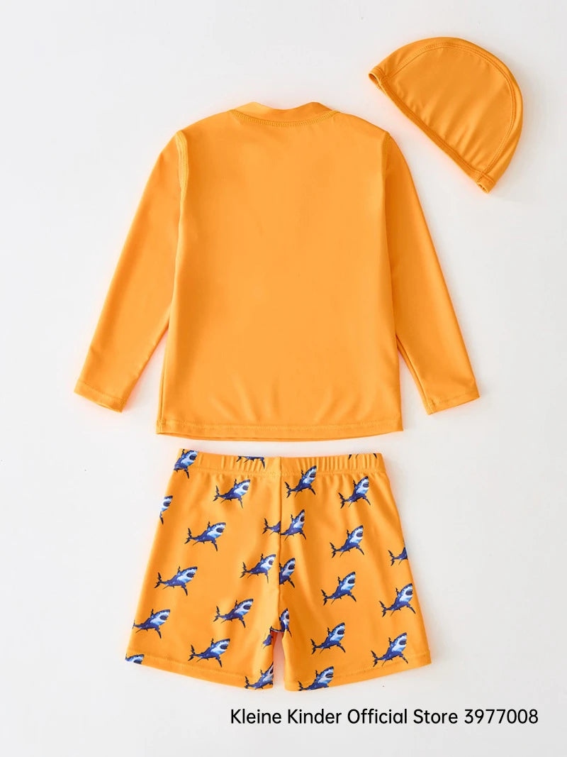 Children's Swimsuit Orange Long Sleeve Rash Guard Kids UPF50 UV Protection Boy's Beach Clothes Shark Swimming Bathing Suit Kids