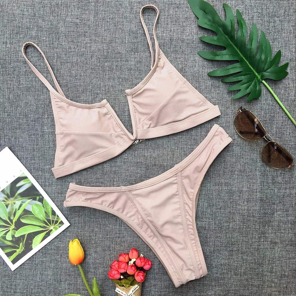 Splicing Denim V Shaped Thong Bikini Women Swimsuit Female Swimwear Two Pieces Bikini Set Bather Push Up Bathing Suit Swim Lady