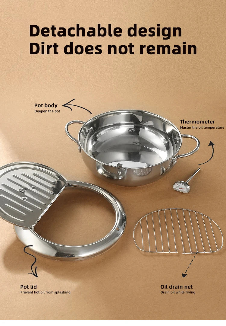Japanese Deep Frying Pot With A Thermometer And A Lid Fryer Pan 304 Stainless Steel Kitchen Tempura Oil Frying Pan Fryer
