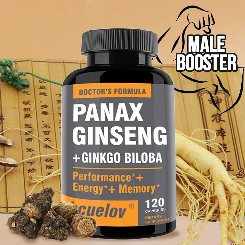 Ginseng + Ginkgo Biloba Supplement, Boosts Energy Focus, Supports Cognitive Athletic Performance & Heart Health, 120 Caps