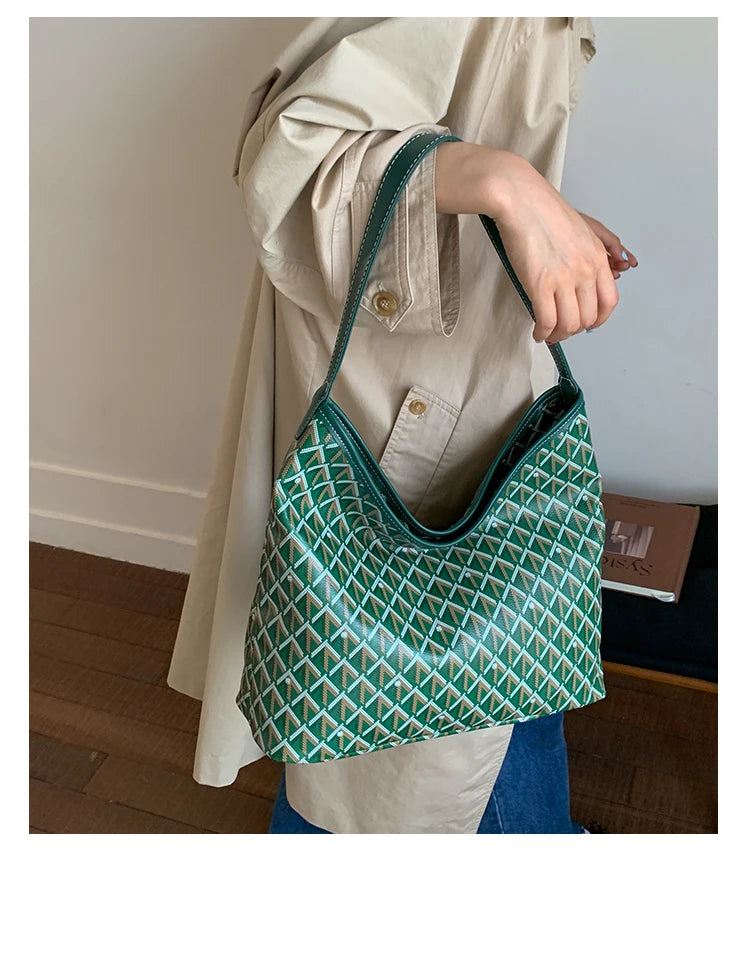 Large Capacity Women's Shoulder Bag Fashionable Commuter Tote Bag Soft PU Leather Printed Geometric Pattern Autumn New Arrival