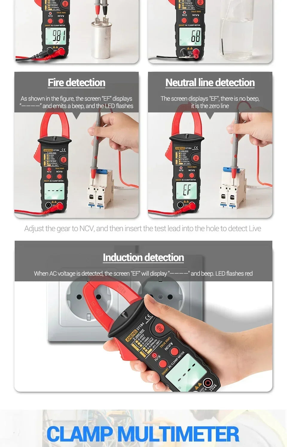 ANENG ST184 Digital Multimeter Clamp Meter True RMS Voltage Current Ohm Test+B15 Induction Tester Pen Electrician Detection Tool