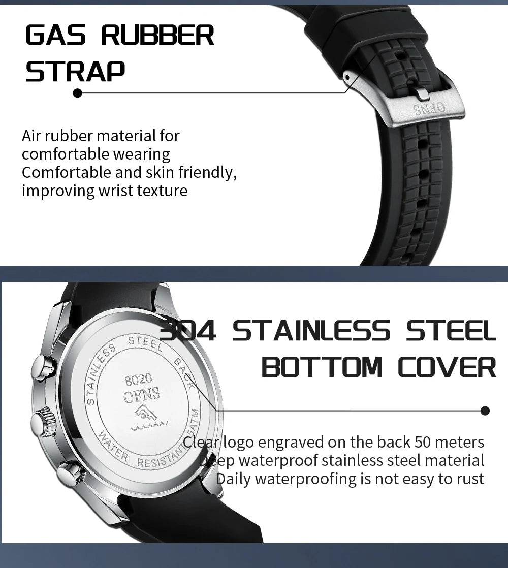 OFNS 8020 Fashion Men's Quartz Watch Double Hole Five Needle Waterproof Luminous Calendar Business Men's Quartz Watch