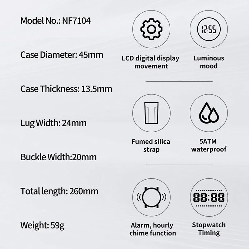 NAVIFORCE NF7104 Men's LCD Digital Leisure Date and Week Alarm Clock Waterproof Silicone Strap Electronic Premium Watch