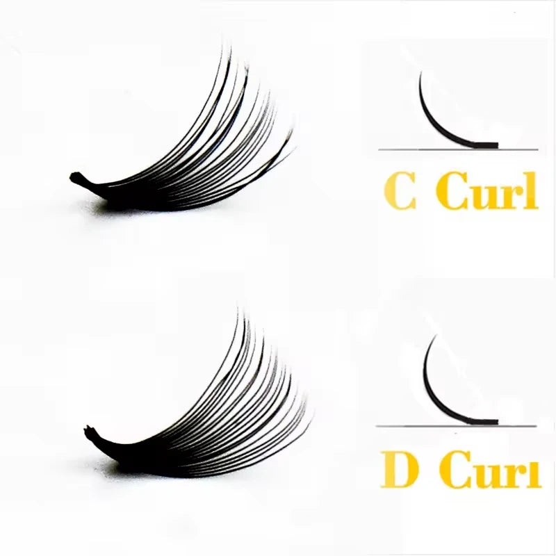 Comparison of C curl and D curl eyelash extensions on white background