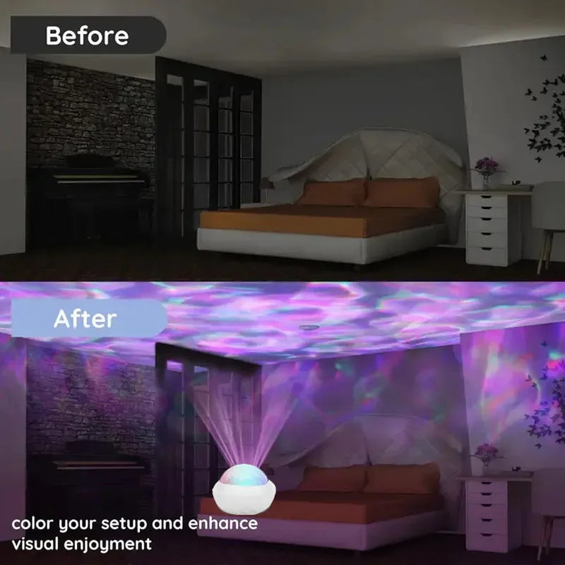 Bedroom before and after using LED galaxy projector lamp, showing colorful ceiling lighting effect.