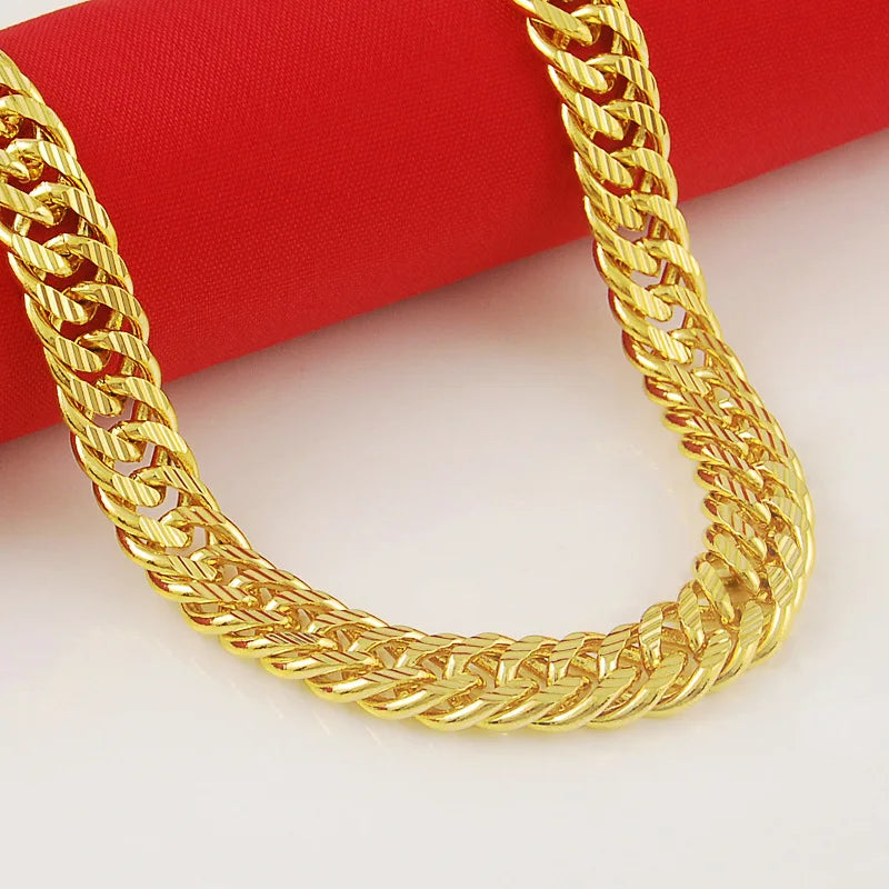 24K AU999 Real Gold Twisted Unisex Chain, 10MM 60CM Bold Polished Boss Necklace, Men's Sideways Neckpiece