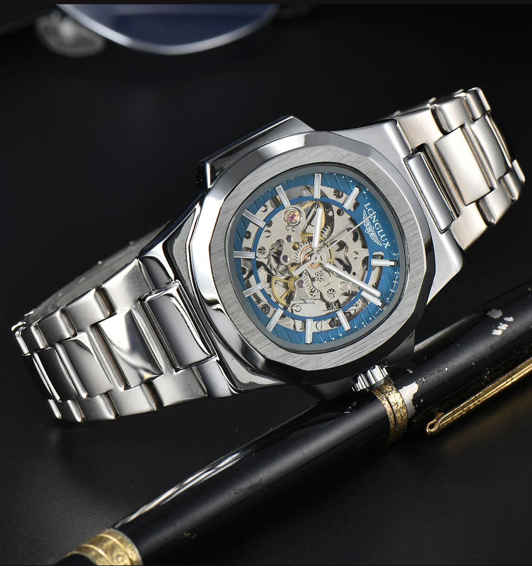 LONGLUX Men automatic mechanical watch luxury watches waterproof skeleton business cheap wholesale stainless steel gift watch