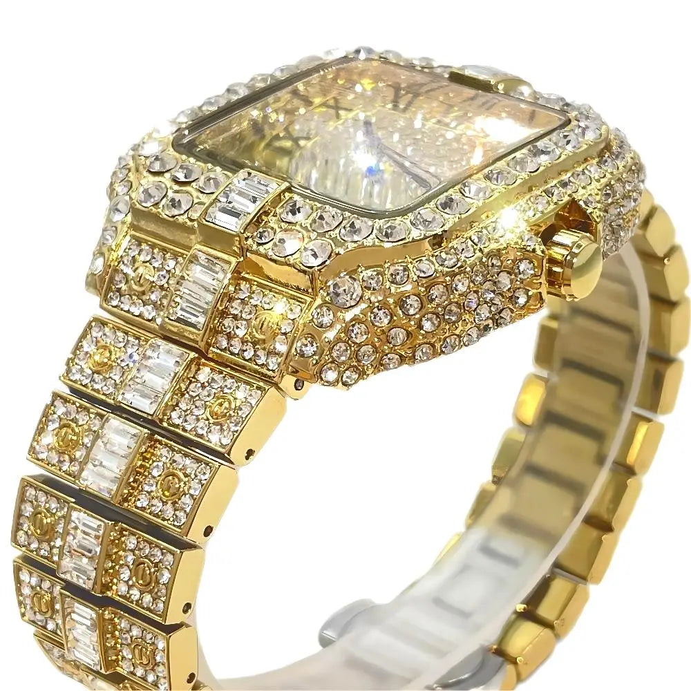 Hot Fashion Brand UNIGUET Hip Hop Rose Gold Iced Diamond Mens Watch Luxury Square Waterproof Quartz Man Clocks Relogio Masculino