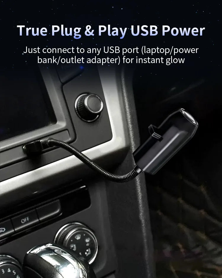 USB-powered flexible LED light plugged into car dashboard USB port for instant illumination