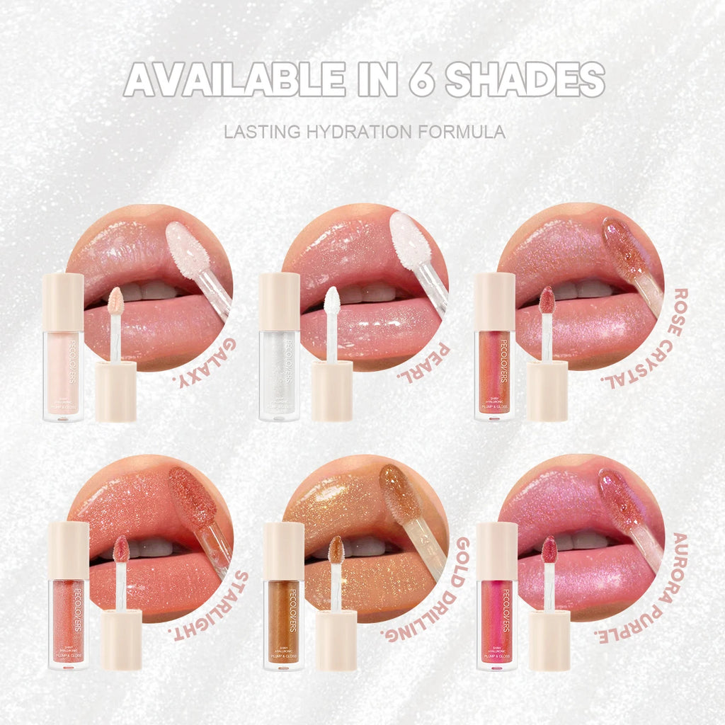 Hydrating lip gloss six shades swatched on lips, including pink, gold, and pearl options.