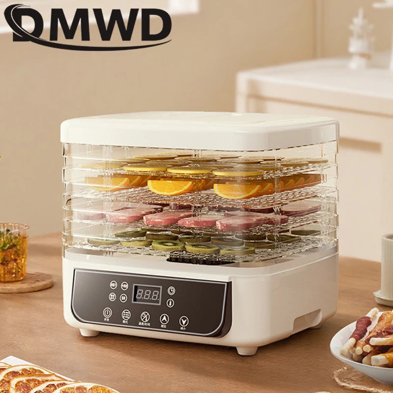 DMWD Dried Food Dehydrator Herb Fruit Vegetable Dehydration Drying Machine Smart Timing 5 Trays Pet Snacks Meat Hot Air Dryer EU