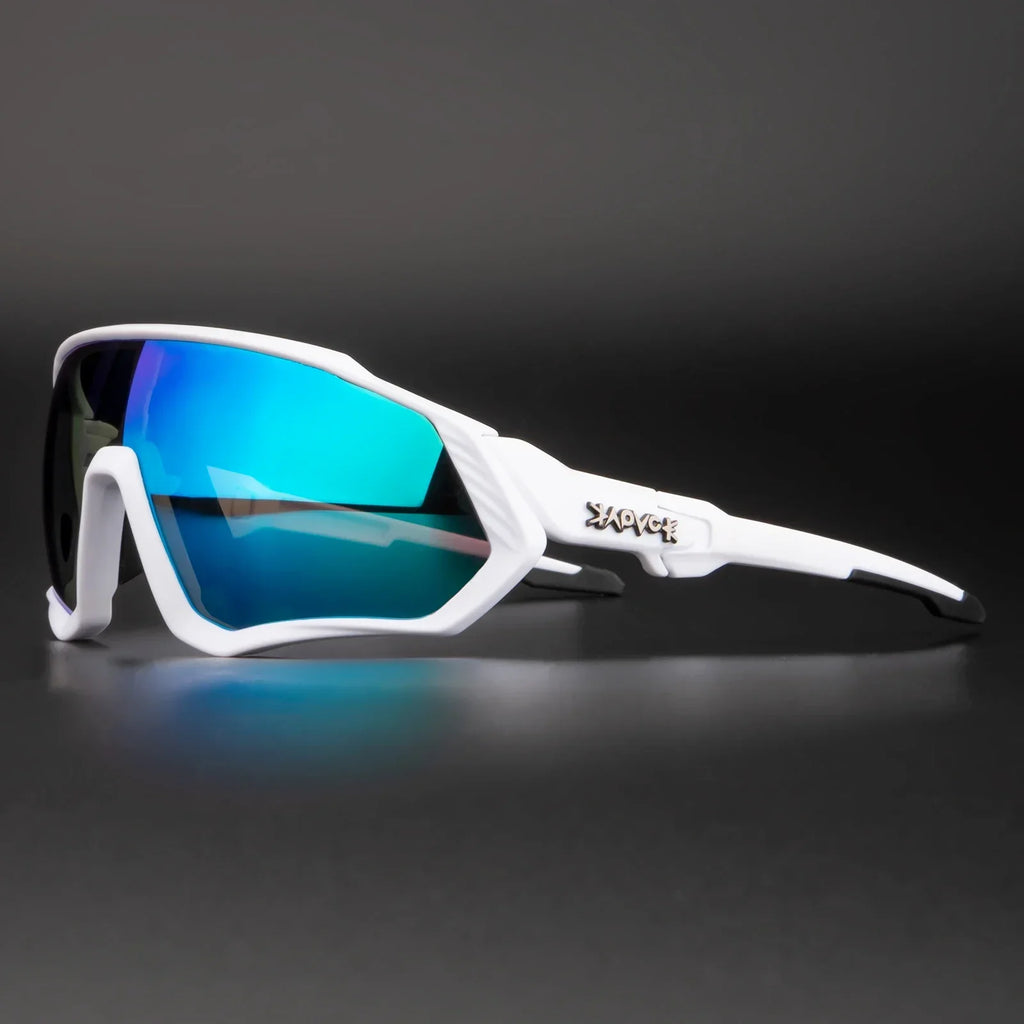 White sports sunglasses with blue reflective lenses on a dark background