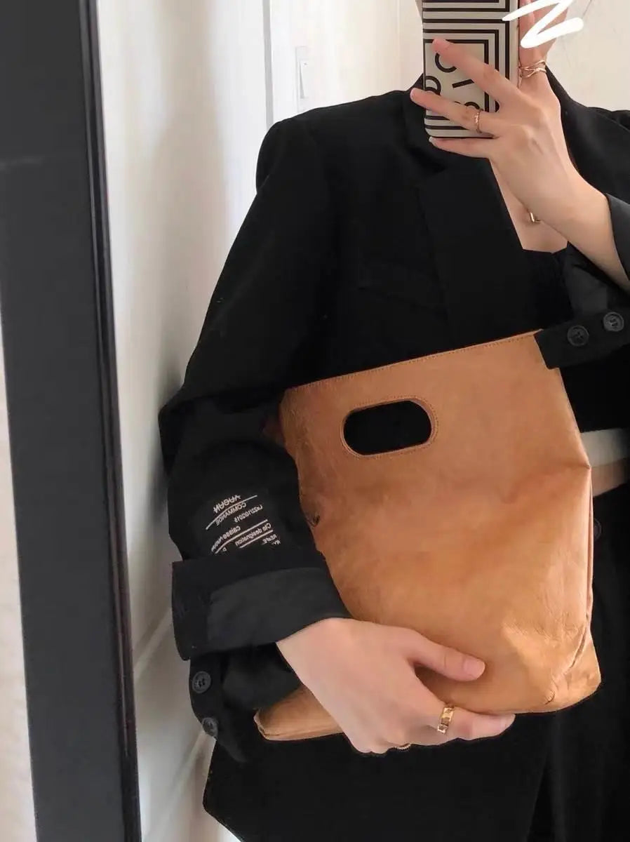 Retro Commuter Large Capacity Women's Tote Bag Kraft Paper Handbag Washable Simple Ins Style Casual Fashion Handbag