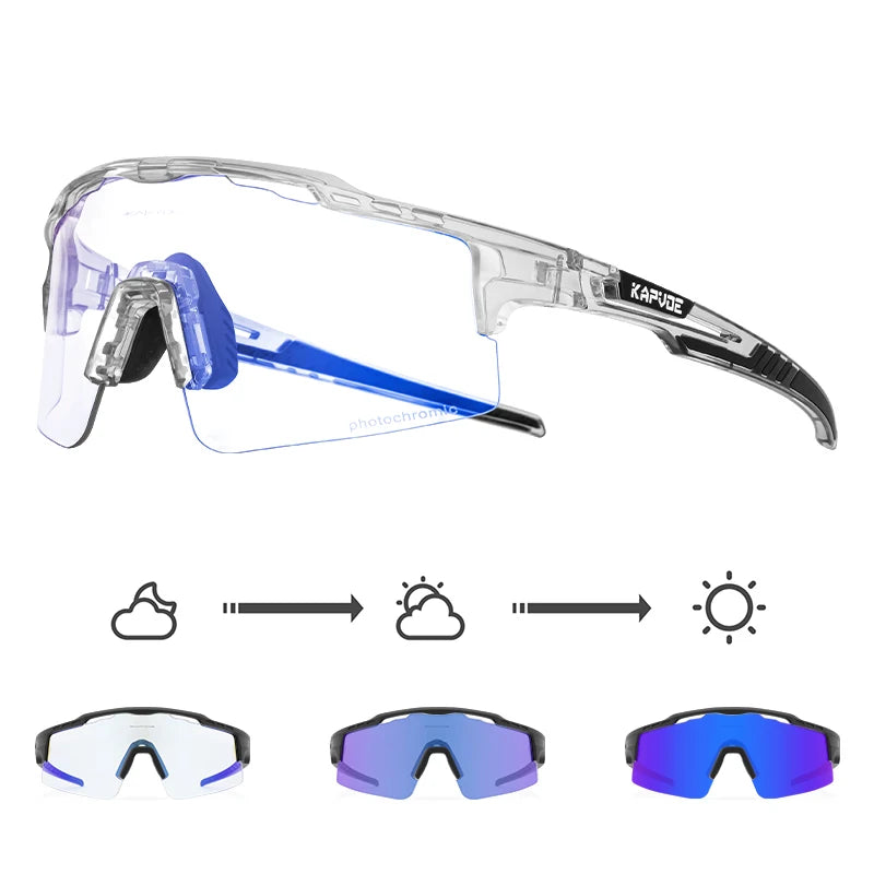 Photochromic cycling sunglasses with transparent frame and blue lenses, lens color changing in sunlight.