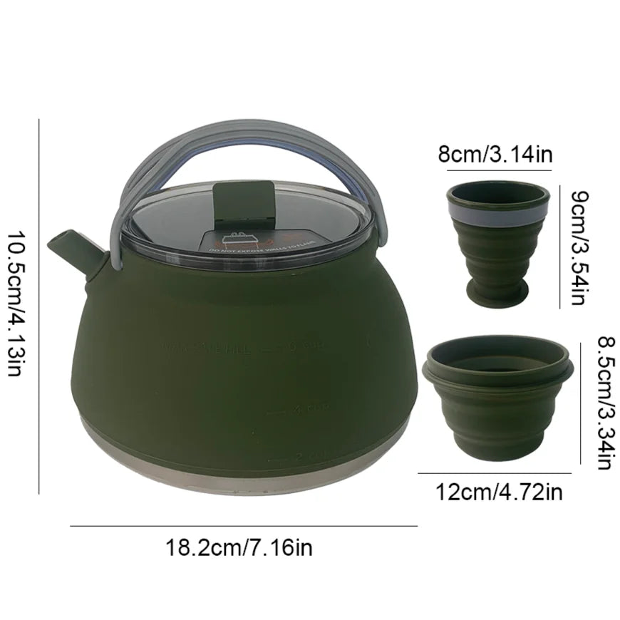1.5L Silicone Kettle with Handle 1L Camping Cook Pot Stainless Steel Bottom Collapsible Water Cup/Bowl for Camping Backpacking