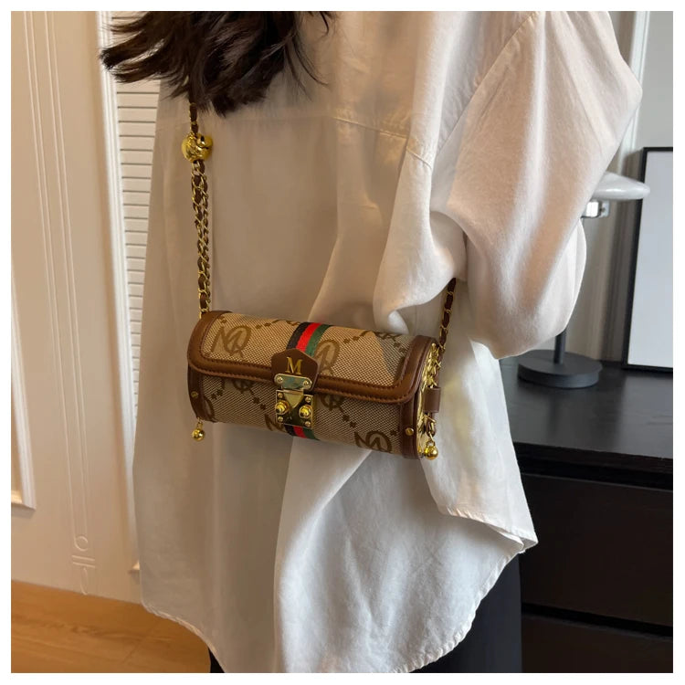 Fashionable Retro Summer Women's Chain Crossbody Bag Trendy Cylinder Bag Soft PU Leather Casual Style Small Size Korean Style